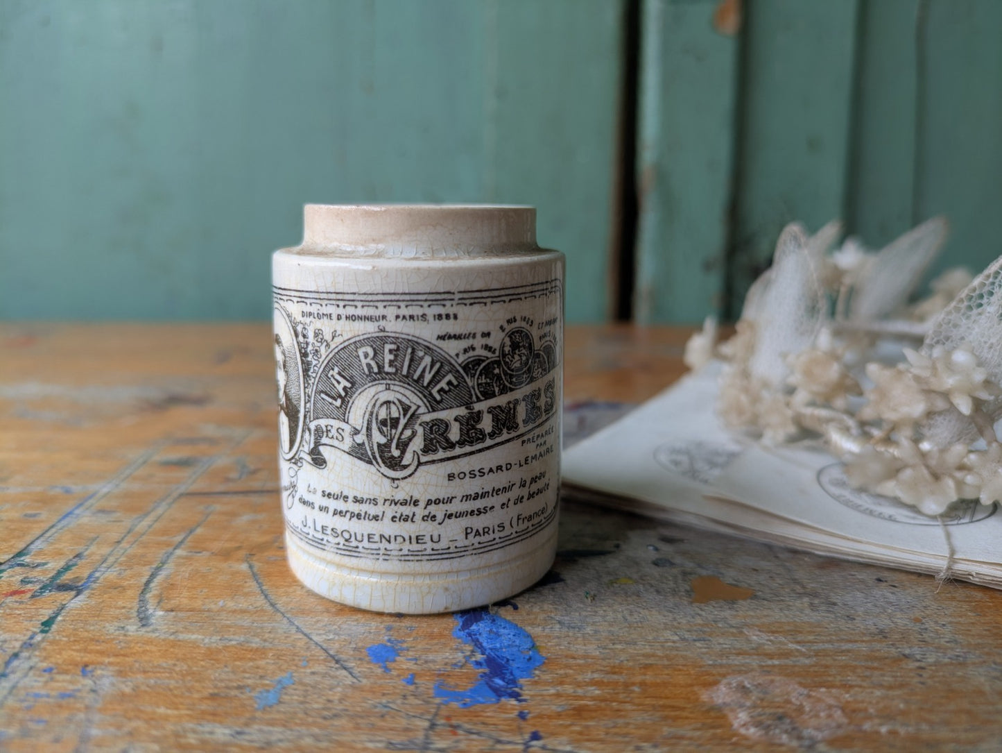 French Vintage Antique Printed Ironstone Ointment Pot Lid Cream Jar La Reine 