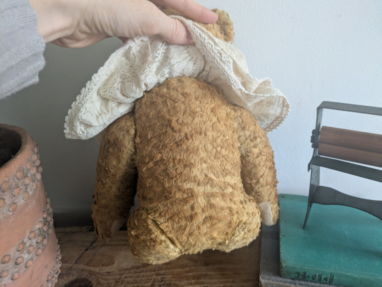 Antique Vintage Teddy Bear Straw Mohair  Articulated Jointed Toy Collar Prop Vgc