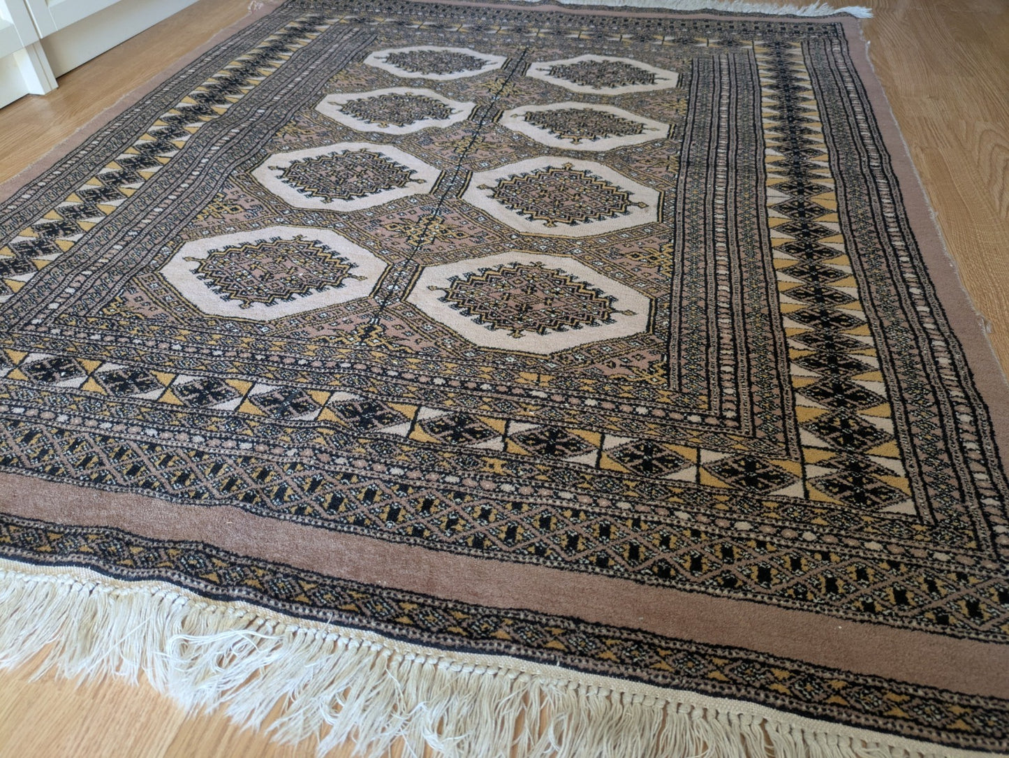 Cream Bokhara Hand Knotted Oriental Wool Afghan Turkmen Area Rug Gul Motif  Vgc