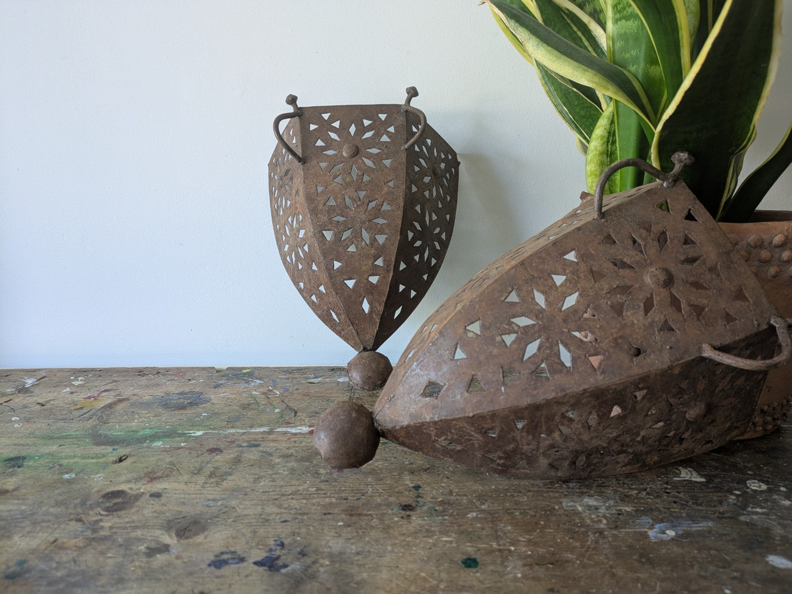 Pair Handmade Pierced Open Iron Moroccan Wall Sconces Lights Candles Lamp Decor