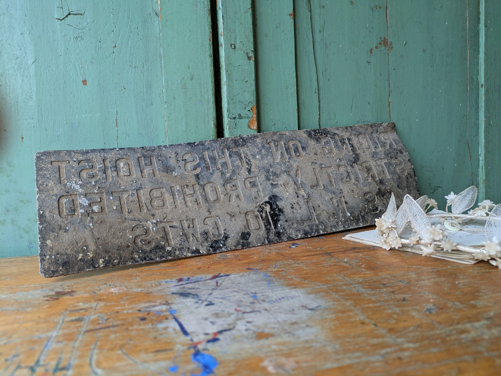 Vintage Factory Sign Riding On This Hoist  Strictly Prohibited Metal Industrial 