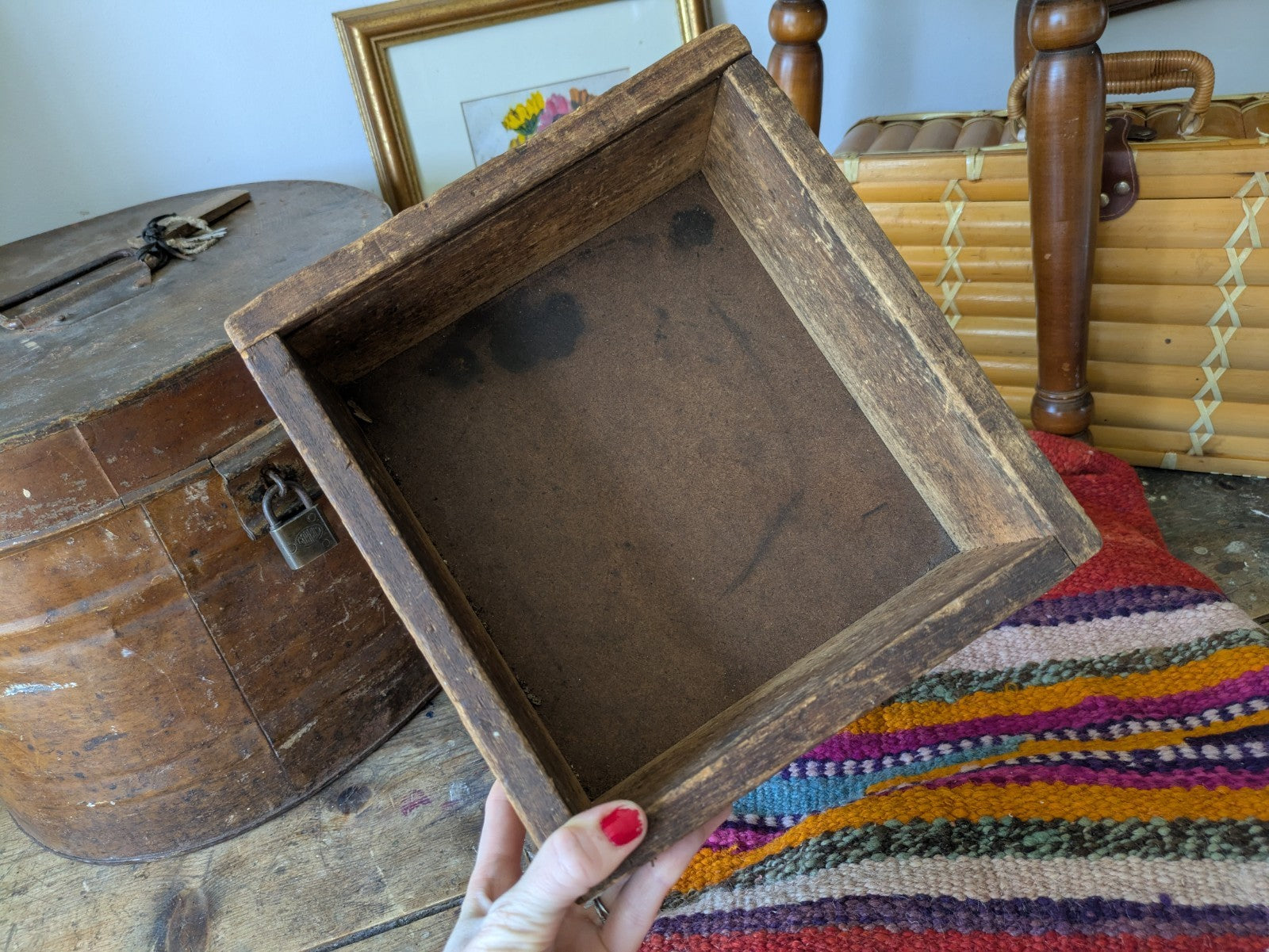 Antique Vintage Oak Candle Crate Box Key Rare Original Old Shelf Trinket Tray