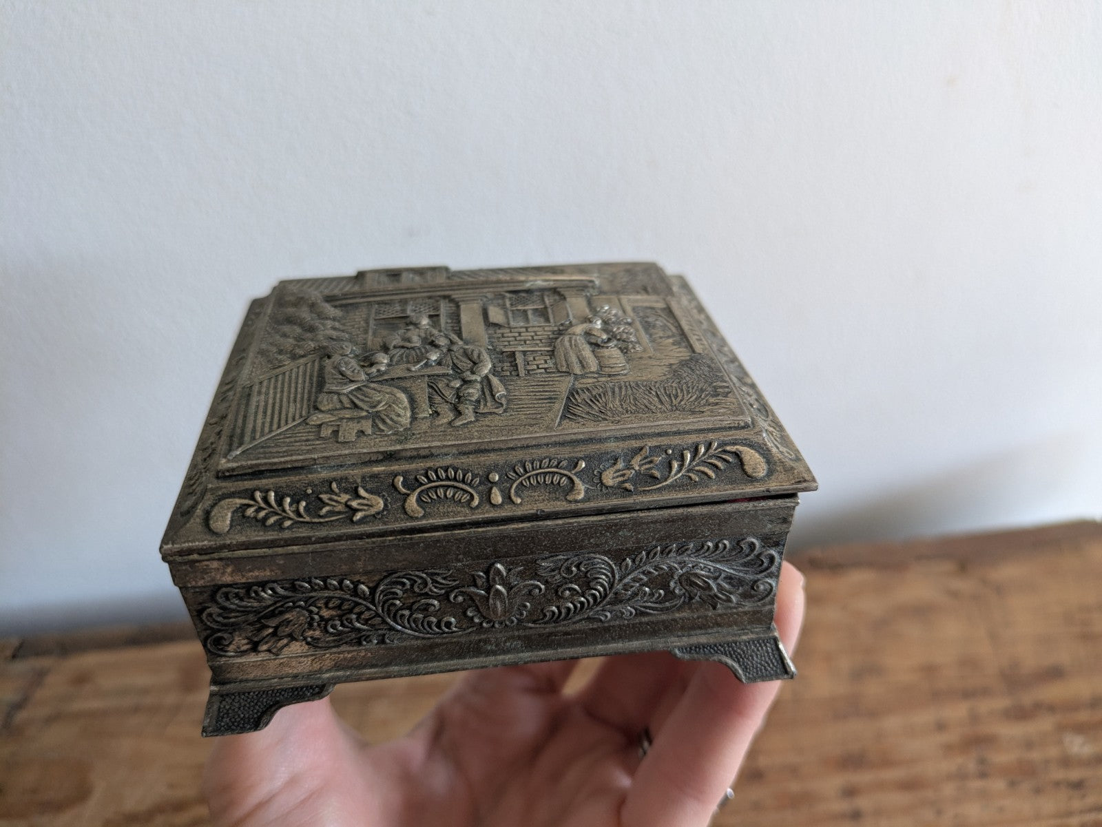 Vintage Japanese Footed Metal Jewelry Trinket Box Silver Tone Red Velvet Lining