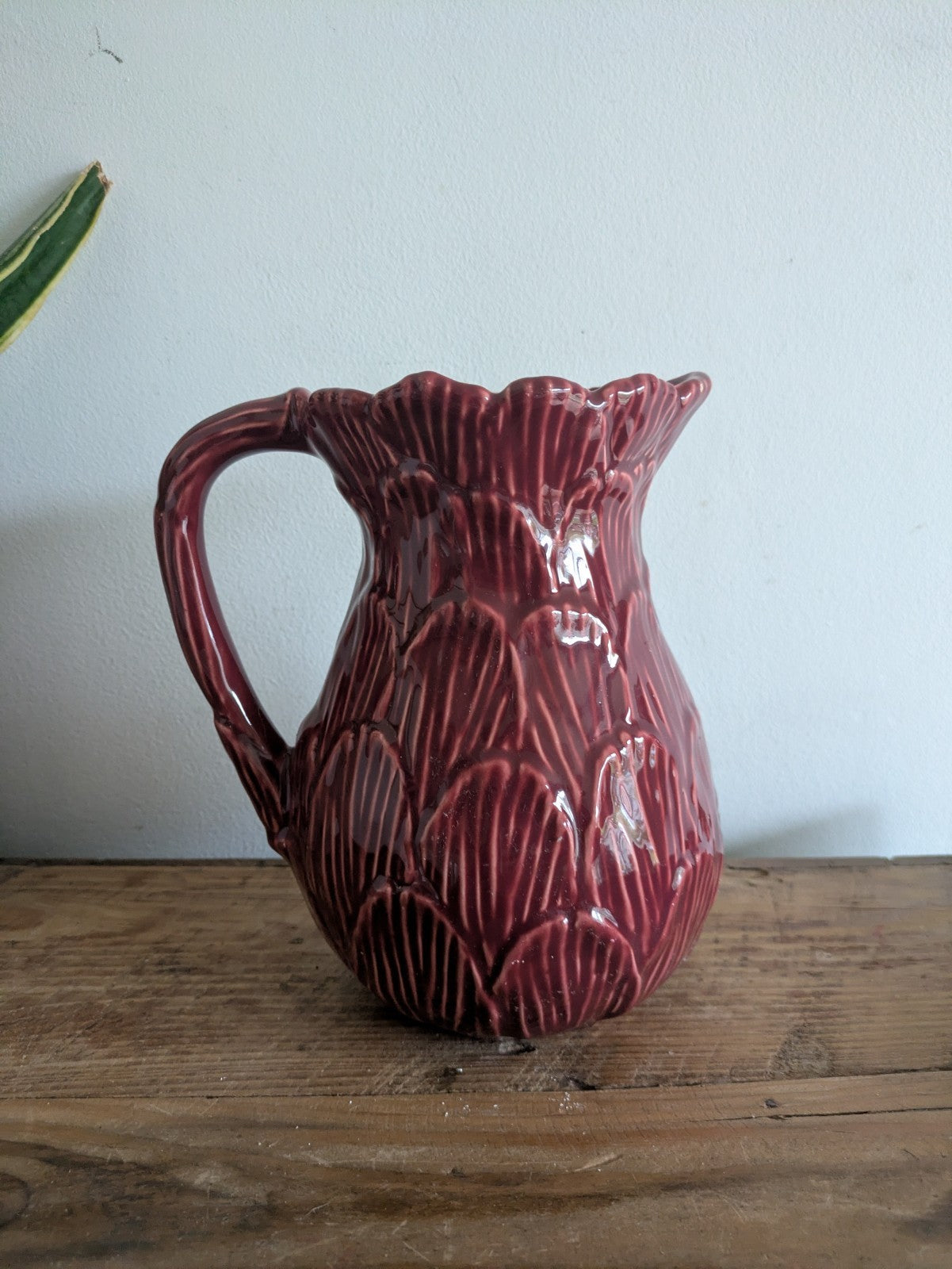 Olfaire Made In Portugal Burgundy Cabbage Majolica Pitcher Vintage MCM Vase Rare