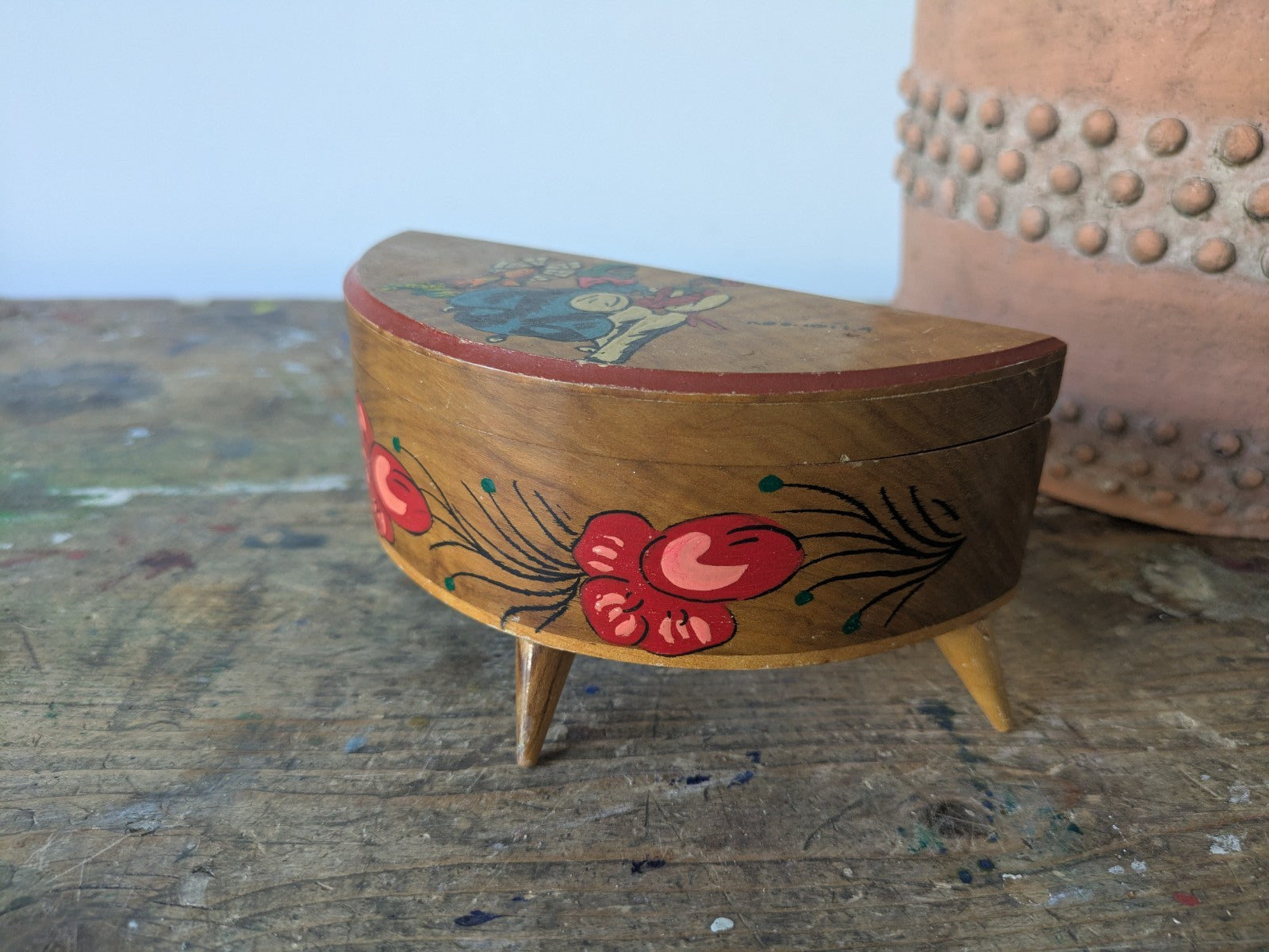 Trinket Jewelry Box Mallorca Ibiza Wood Dancers Lined Mirror Vtg Demilune Prop