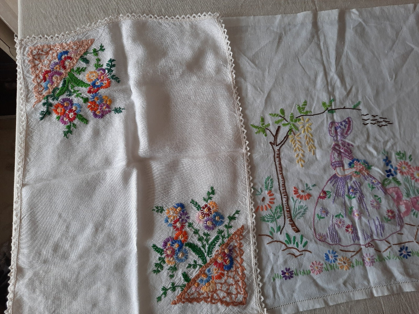 Job lot vtg embroidered retro table cloth cotton floral mats crinoline lady old