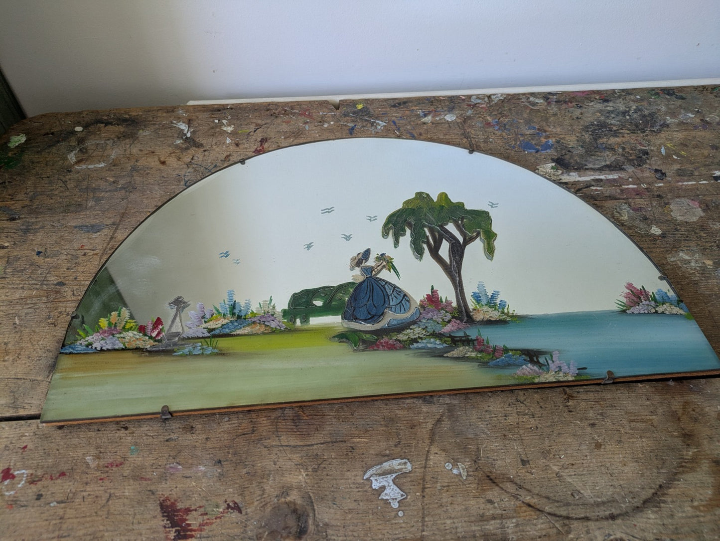 Vintage Art Deco Hand Painted Bevelled Wall Mirror Crinoline Lady Spring Garden