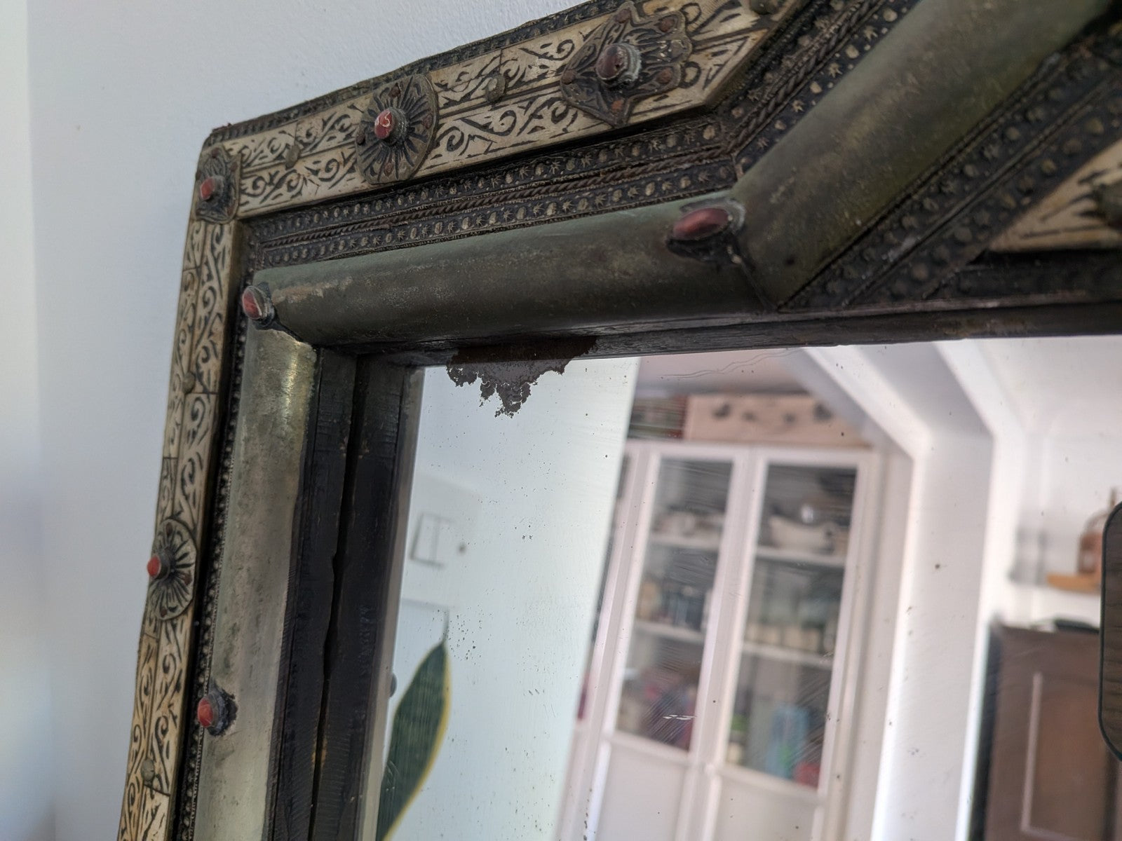 Vintage Ancient Handmade Moroccan Wall Mirror Brass Bone Camel Inlaid Mosaic XL 