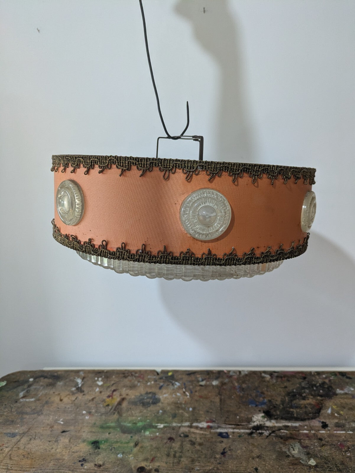 MID CENTURY 60S VTG RETRO FABRIC KNOBBLY PLASTIC SCANDI CEILING LIGHT LAMP SHADE