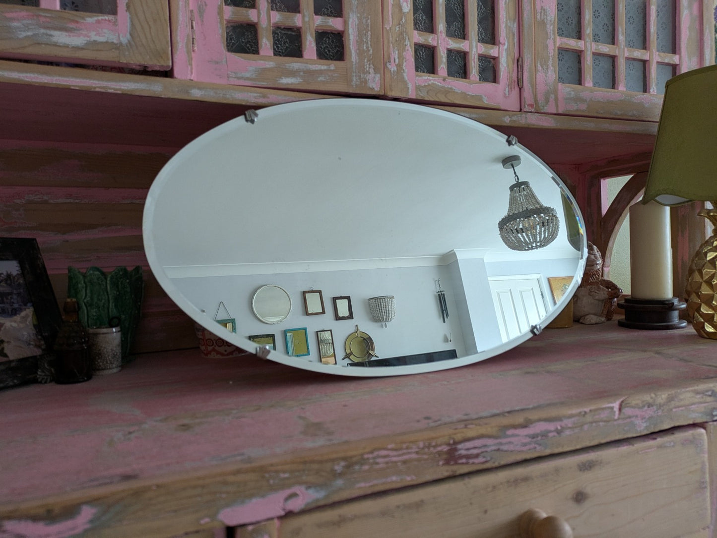 Art Deco Bevel Edge Wall Mirror Frameless & Chain Bevel Edge Oval Vintage Large 