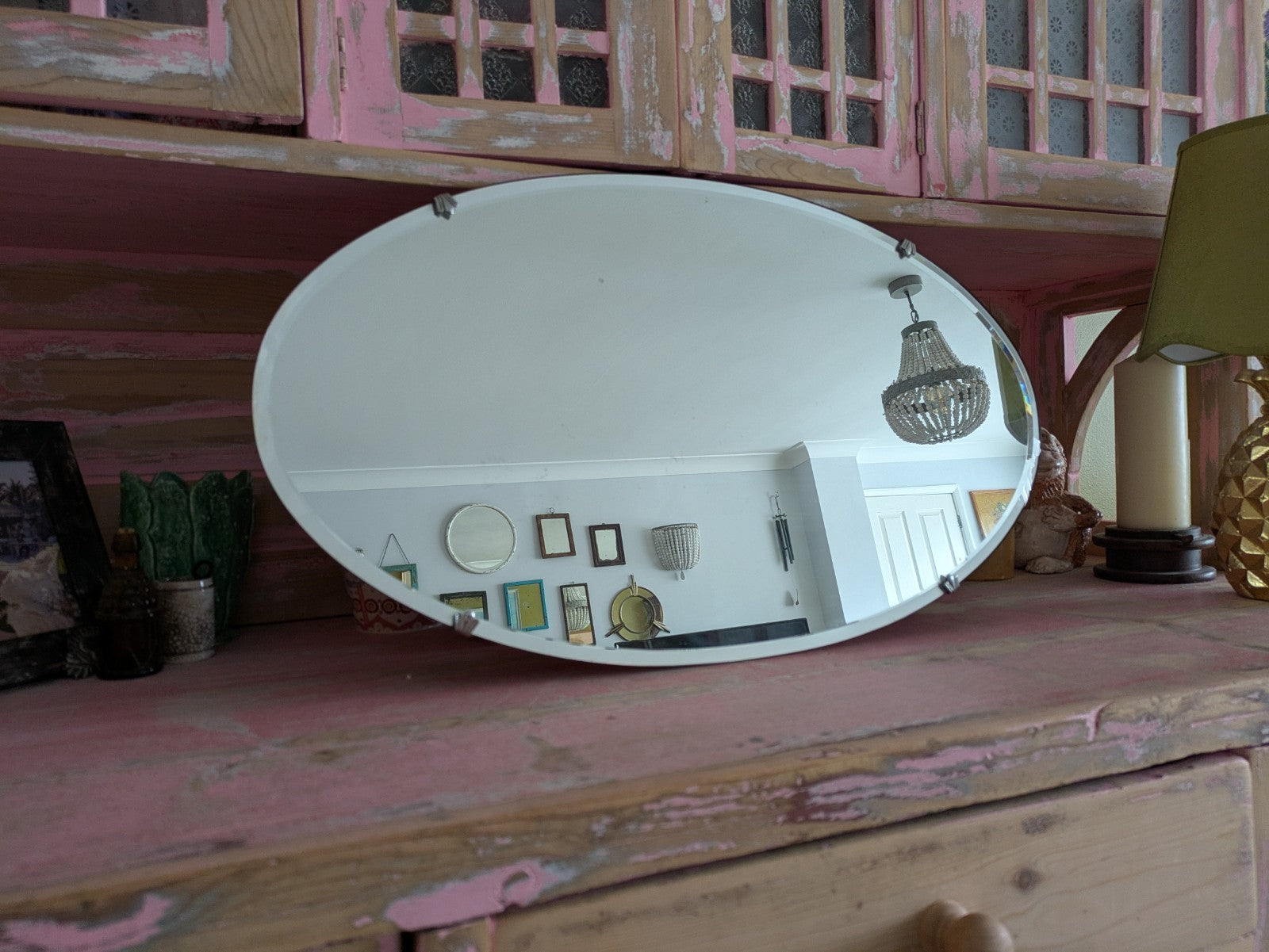 Art Deco Bevel Edge Wall Mirror Frameless & Chain Bevel Edge Oval Vintage Large 