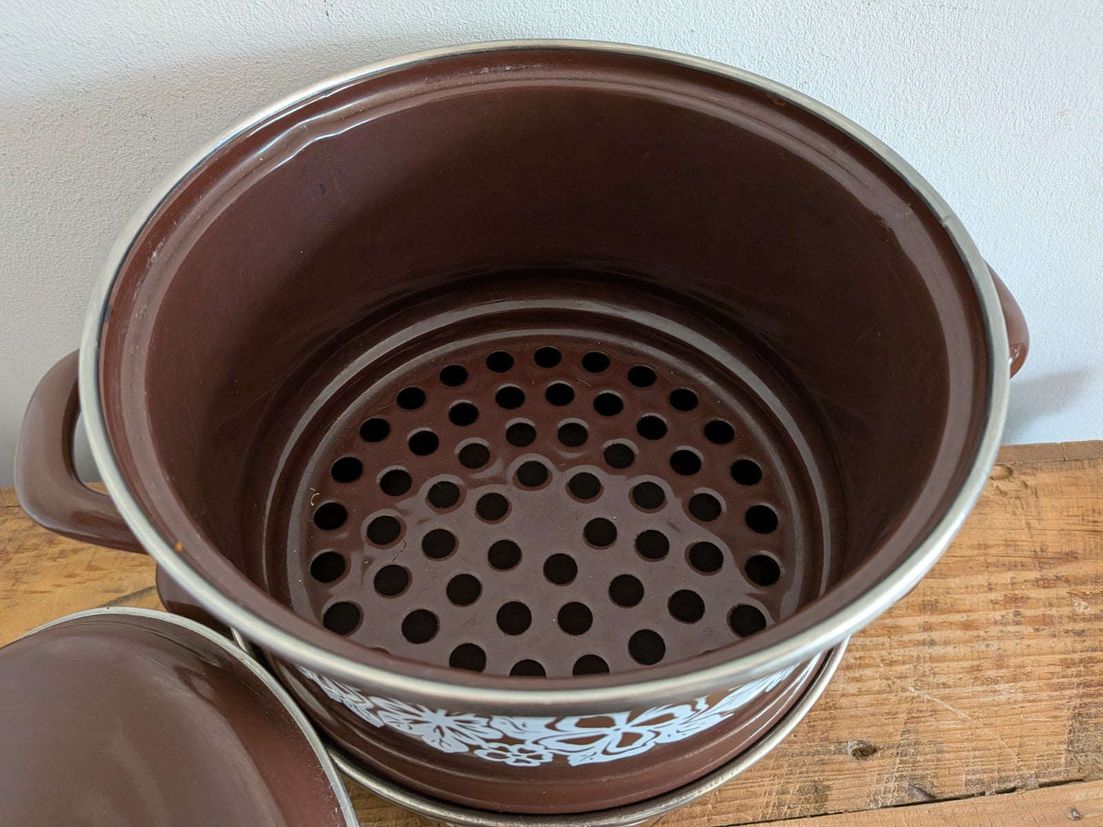 1970's Retro/Vintage Brown Enamel 2 Tier Steamer Stack Cooking Pan/Pot Set Pasta
