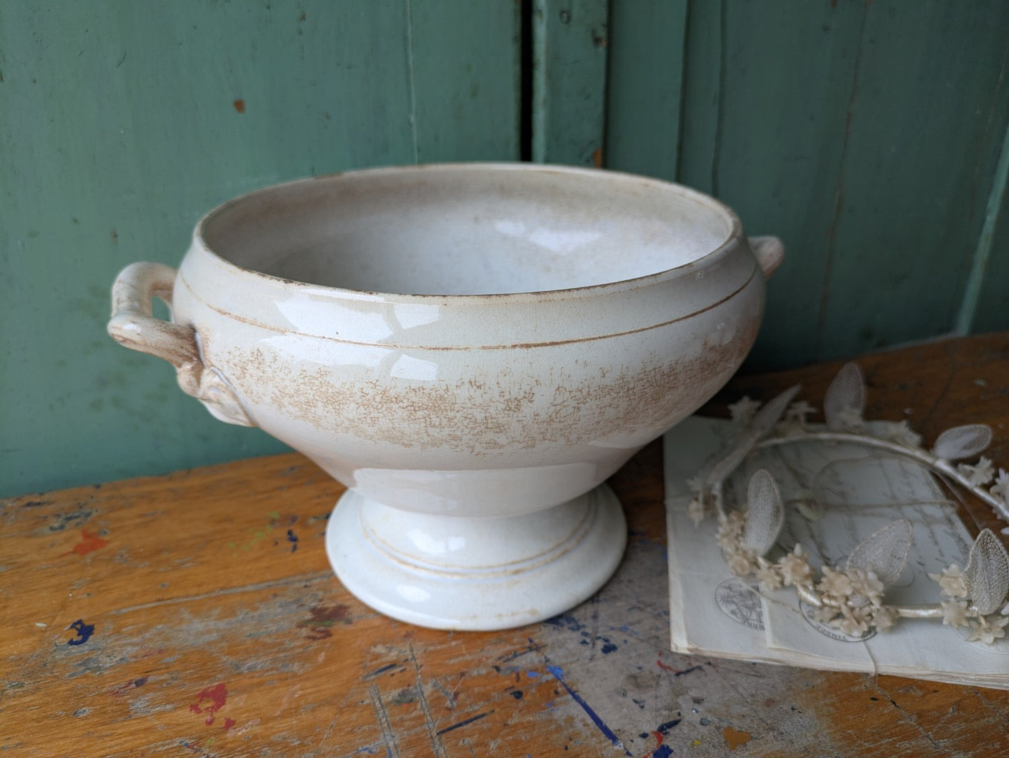 Antique French Faience Soup Tureen/ Soupiere Opaque De Sarreguemines Crazed Rare