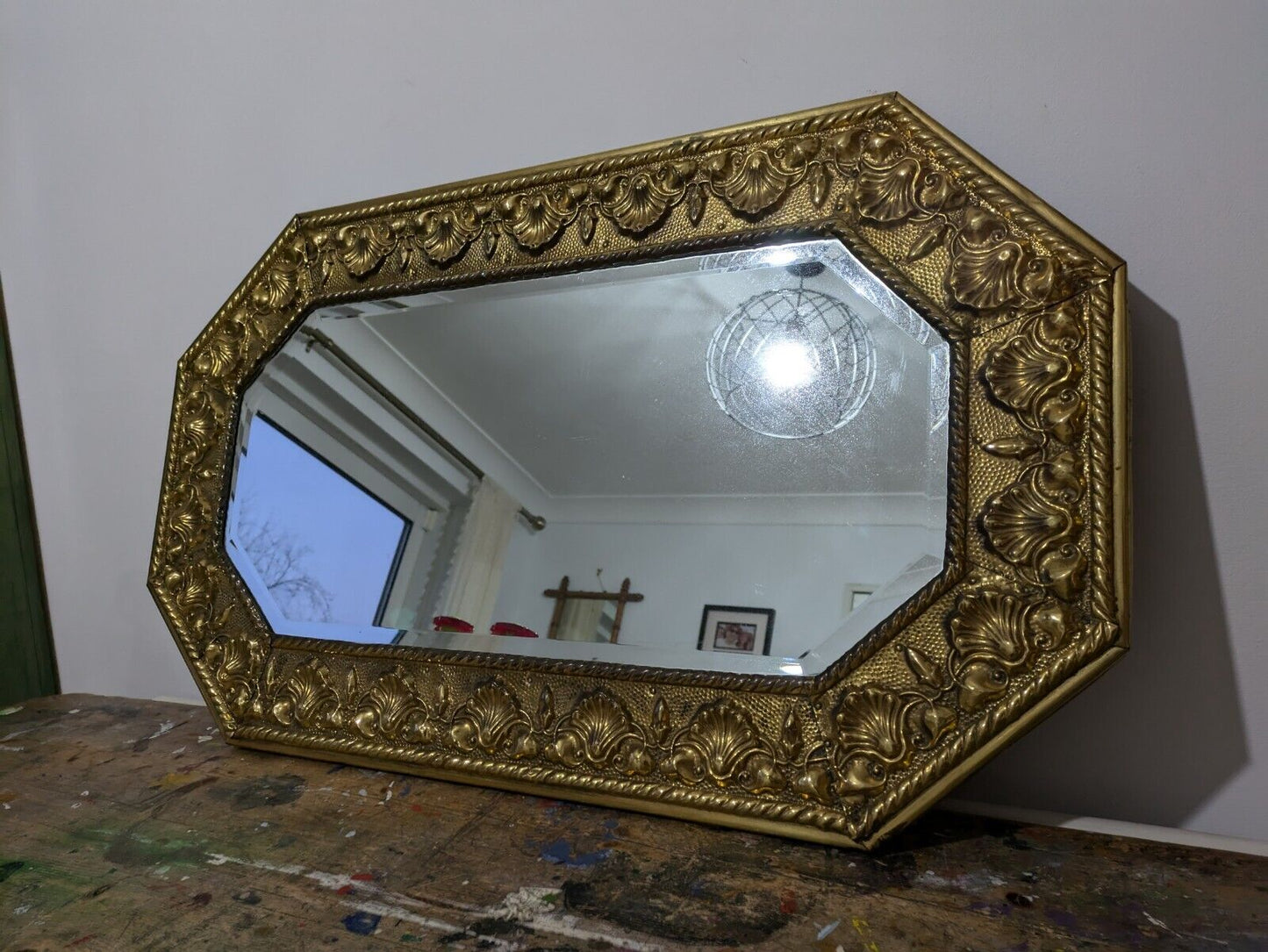 Antique 1920s Bevel Edged Brass Shell Embossed Wall Mirror Vintage Mantle Prop 