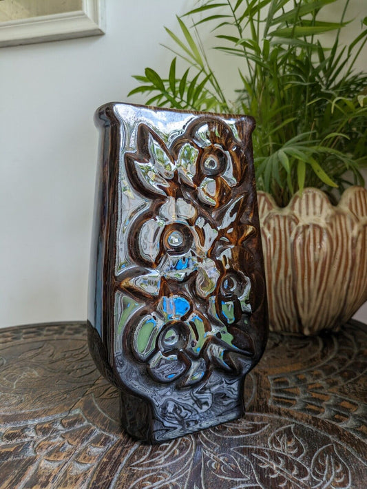 Flower Power Pottery Vase Honeycomb Mottled Brown Drip Glaze 1960s Retro Vintage