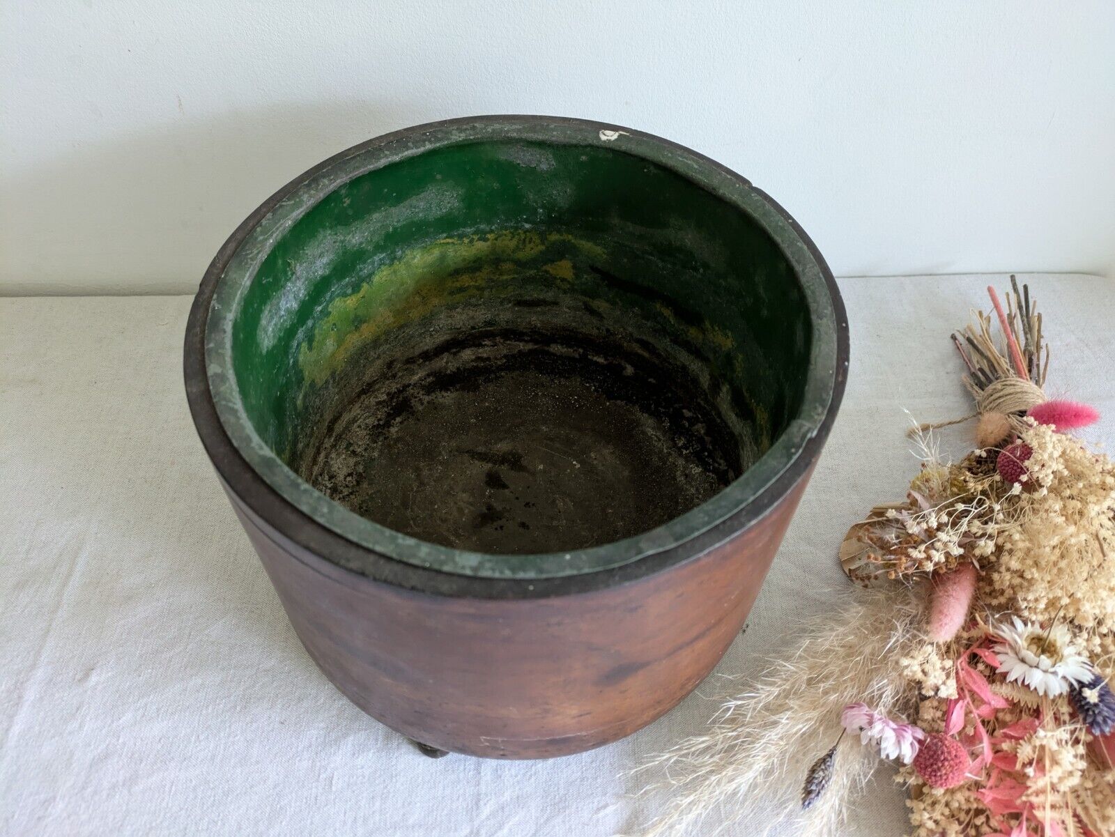 ANTIQUE BENTWOOD LINED WOOD ROUND WOODEN PLANTER PLANT POT TREEN VTG JARDINERE