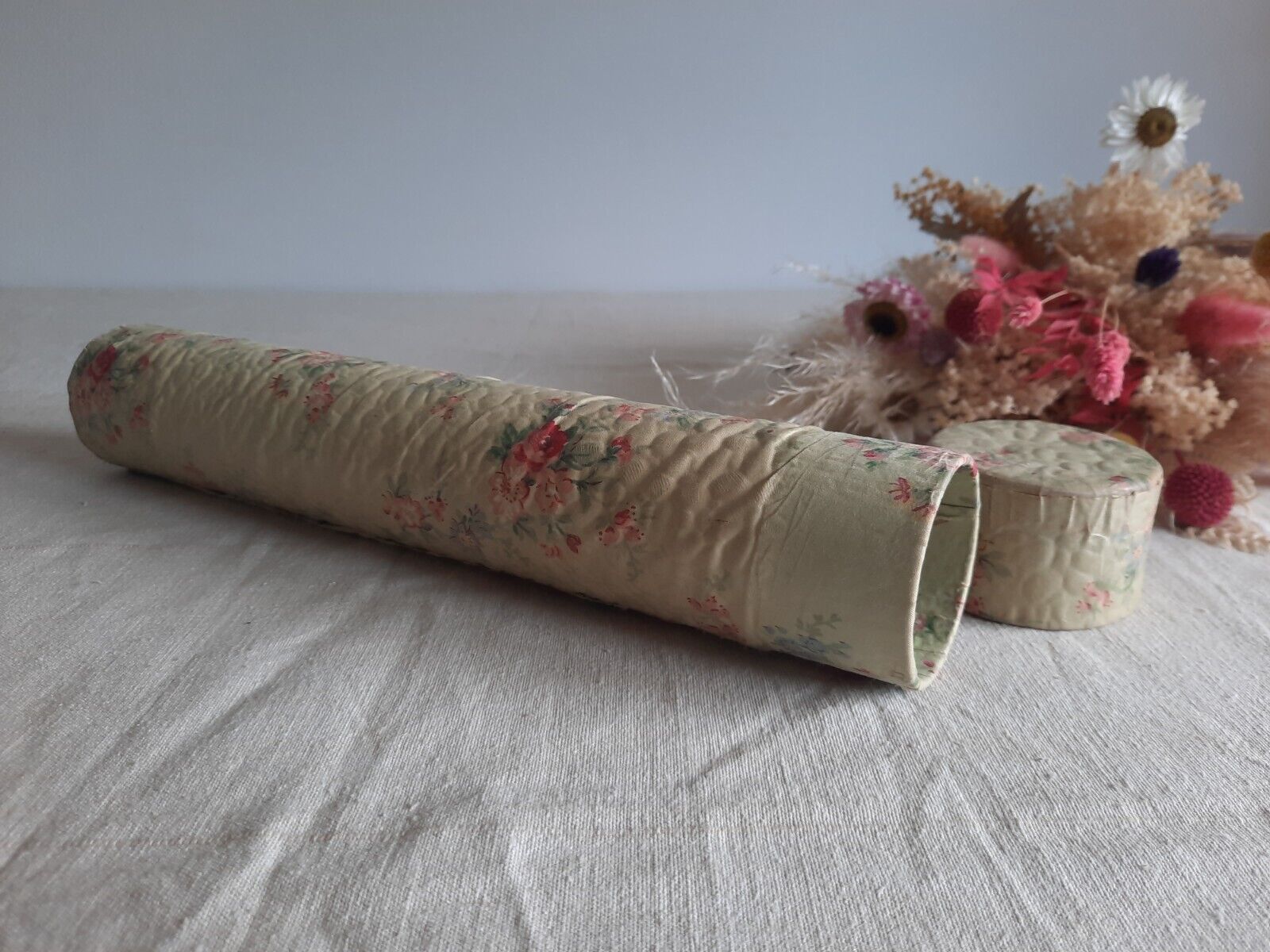 Vintage Knitting Needle Floral Case Rose Fabric Tube Rare Antique French Shabby 