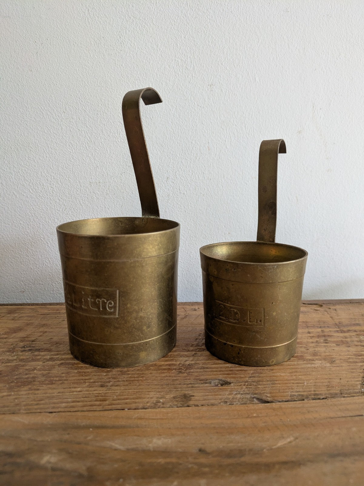Set 2 Measuring Cups. Brass. Hanging Hooks. Vintage Planters x2 Milk Pots Props