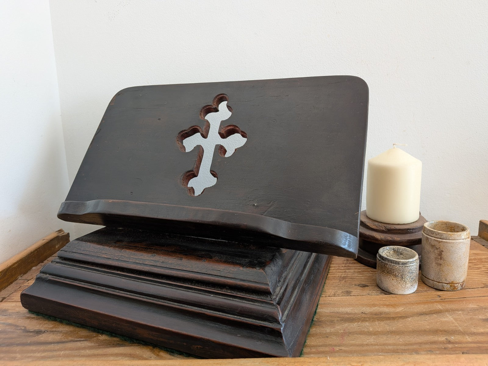 Antique Wood Carved Bible Stand  Lectern Religious Crucifix Book Rest Missal Vtg