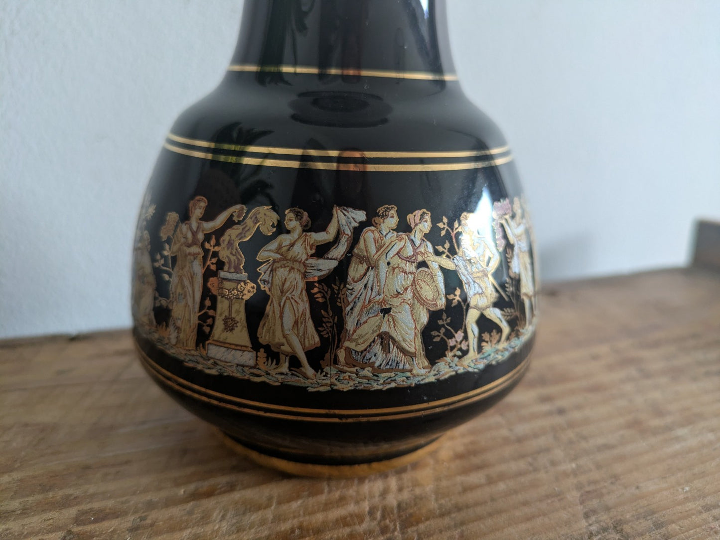Neofitou Dakas Keramik Vase Hand Made in Greece 24K Gold Rhodes Black Vintage 