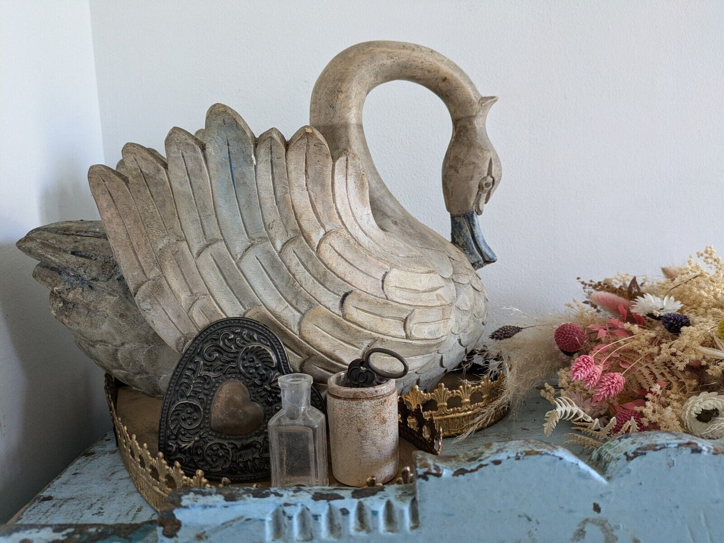 Carved Wood Swan Decoy Vintage Large Painted Solid Wood Planter Decor Time Worn