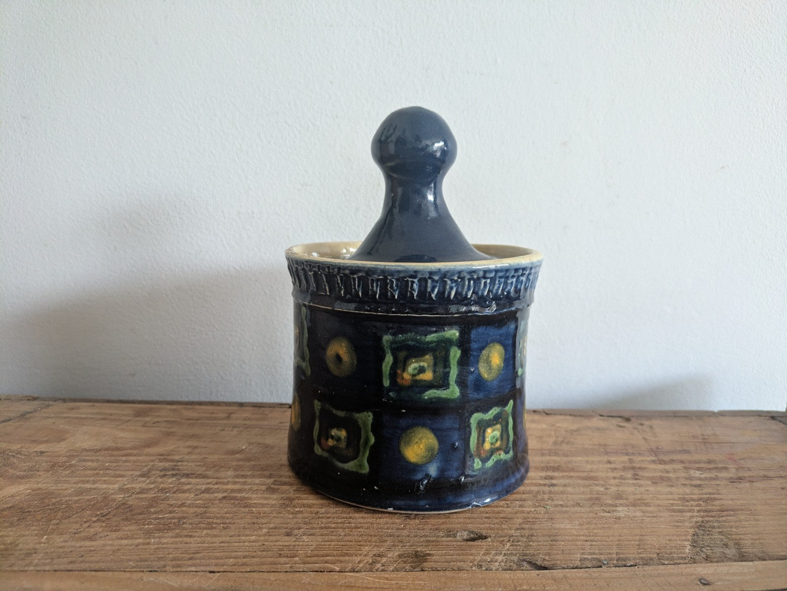 French Saint Jorioz La Poterie d'Annecy Hand Painted Butter Dish Pot Blue Lidded
