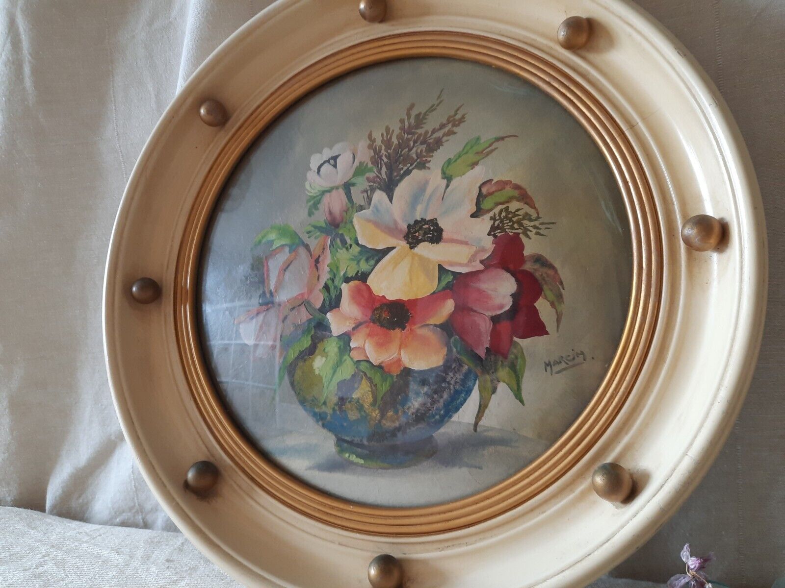 Vintage Retro Framed floral Painting gilt ball cream frame roses convex glass!