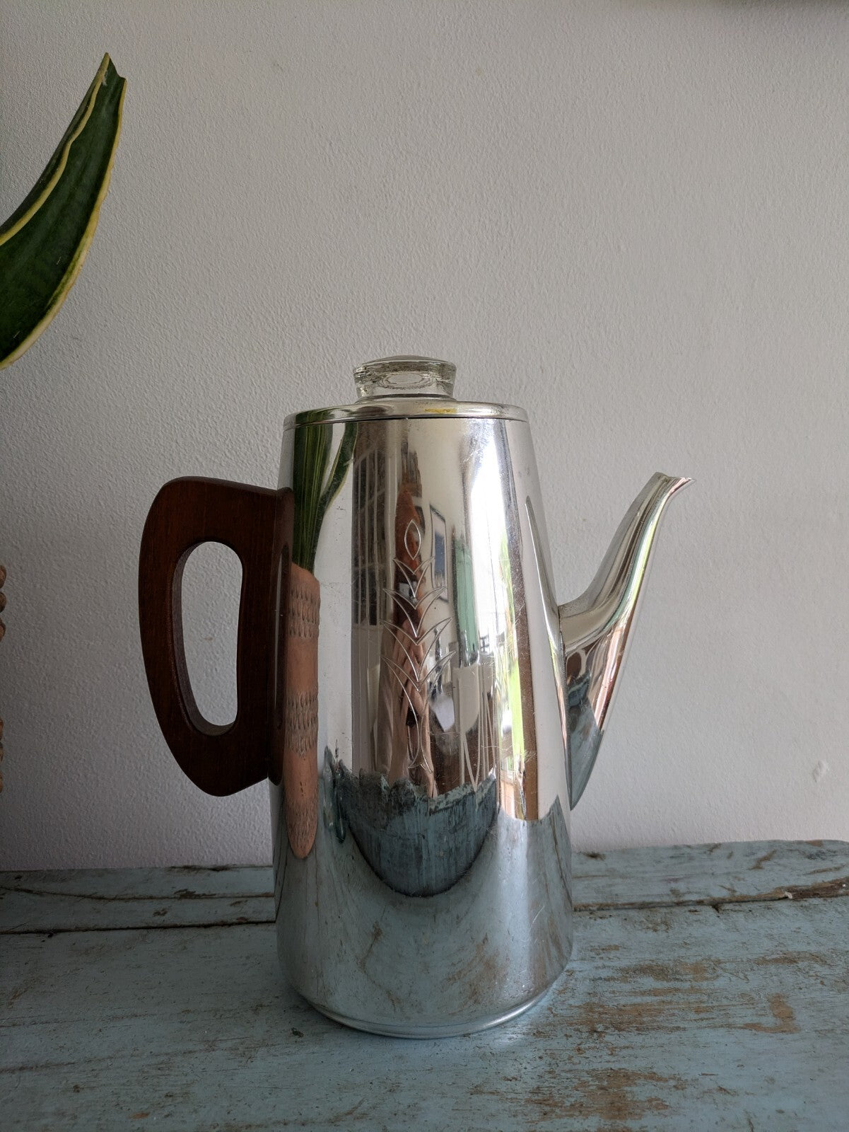 Vintage SONA J121 Coffee Pot Percolator Chrome Wood Handle Complete 70s Prop