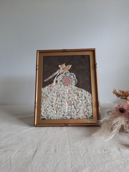 vintage framed picture embroidery ribbon lace crinoline Lady Antique Frame Gilt