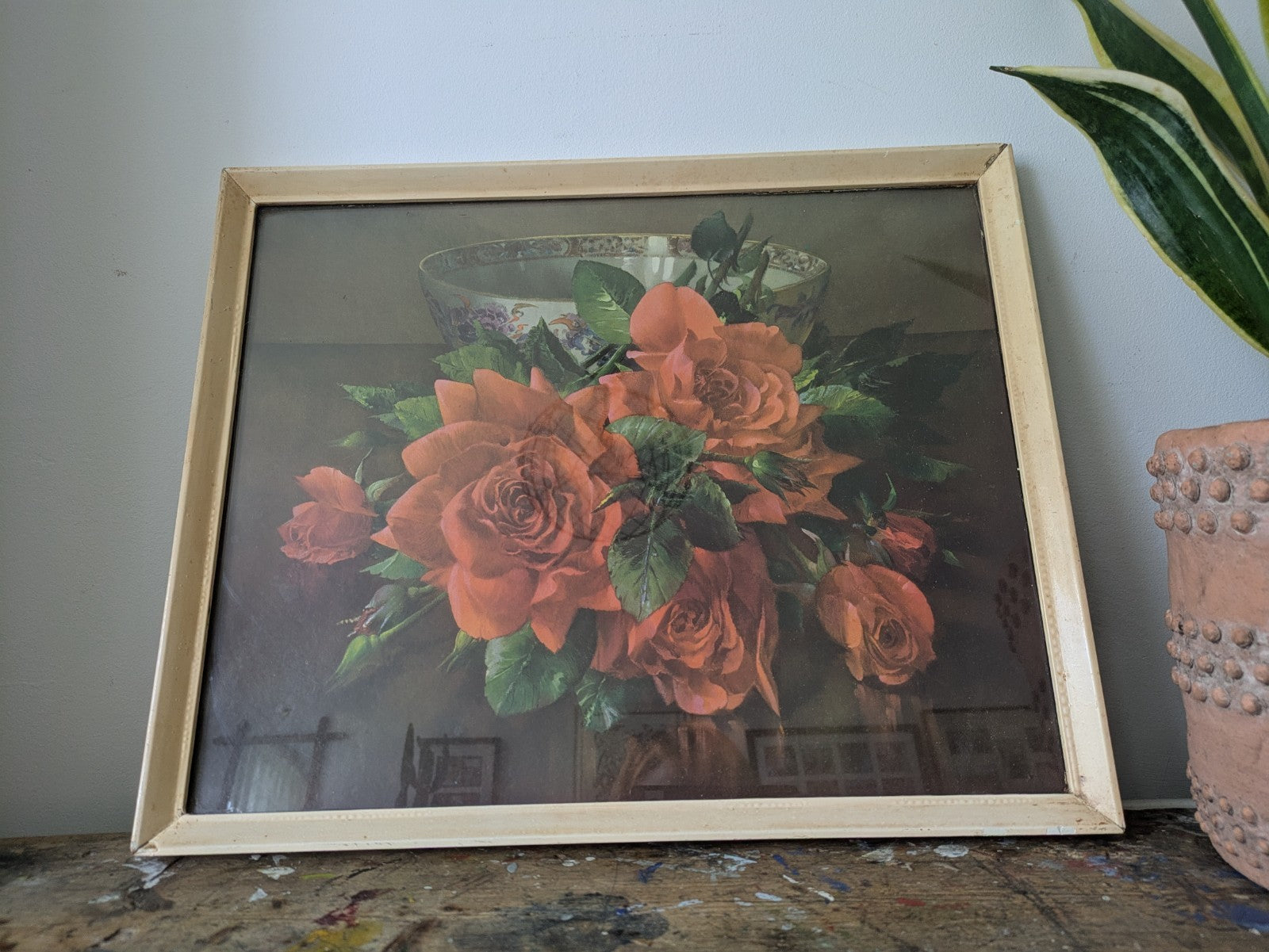 Vintage Kitsch Retro Frame floral bouquet PRINT original Landscape Red Rose Old