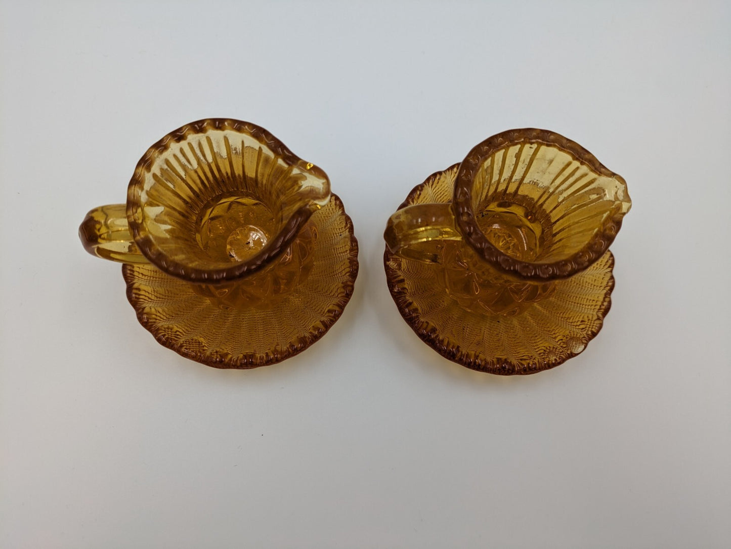 2x Vintage Amber Glass Thistle Shape Cream Milk Jug Toothpick Holder Saucer Rare