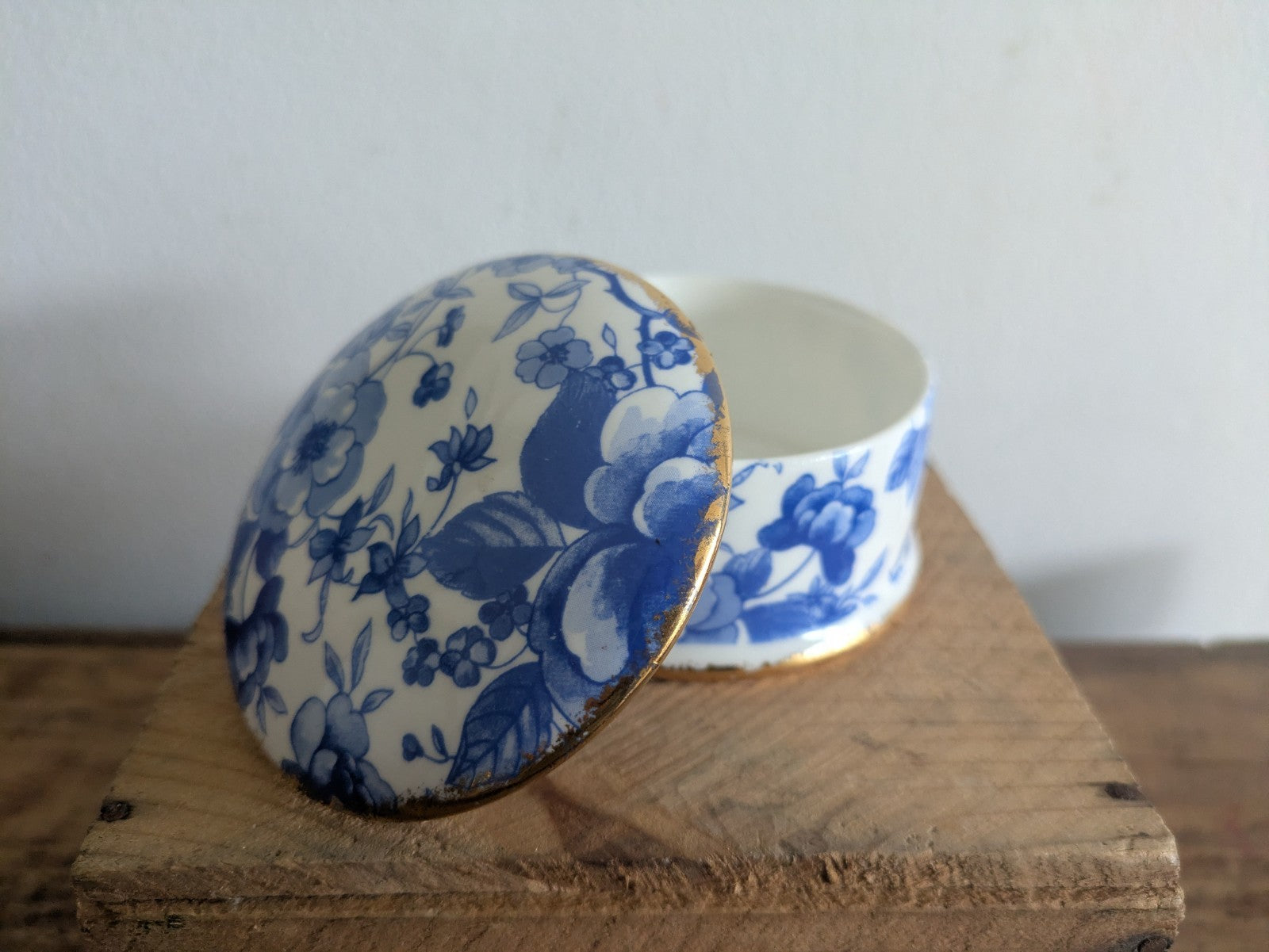 Royal Elegance Staffordshire England China Floral Lidded Blue Trinket Box Pot