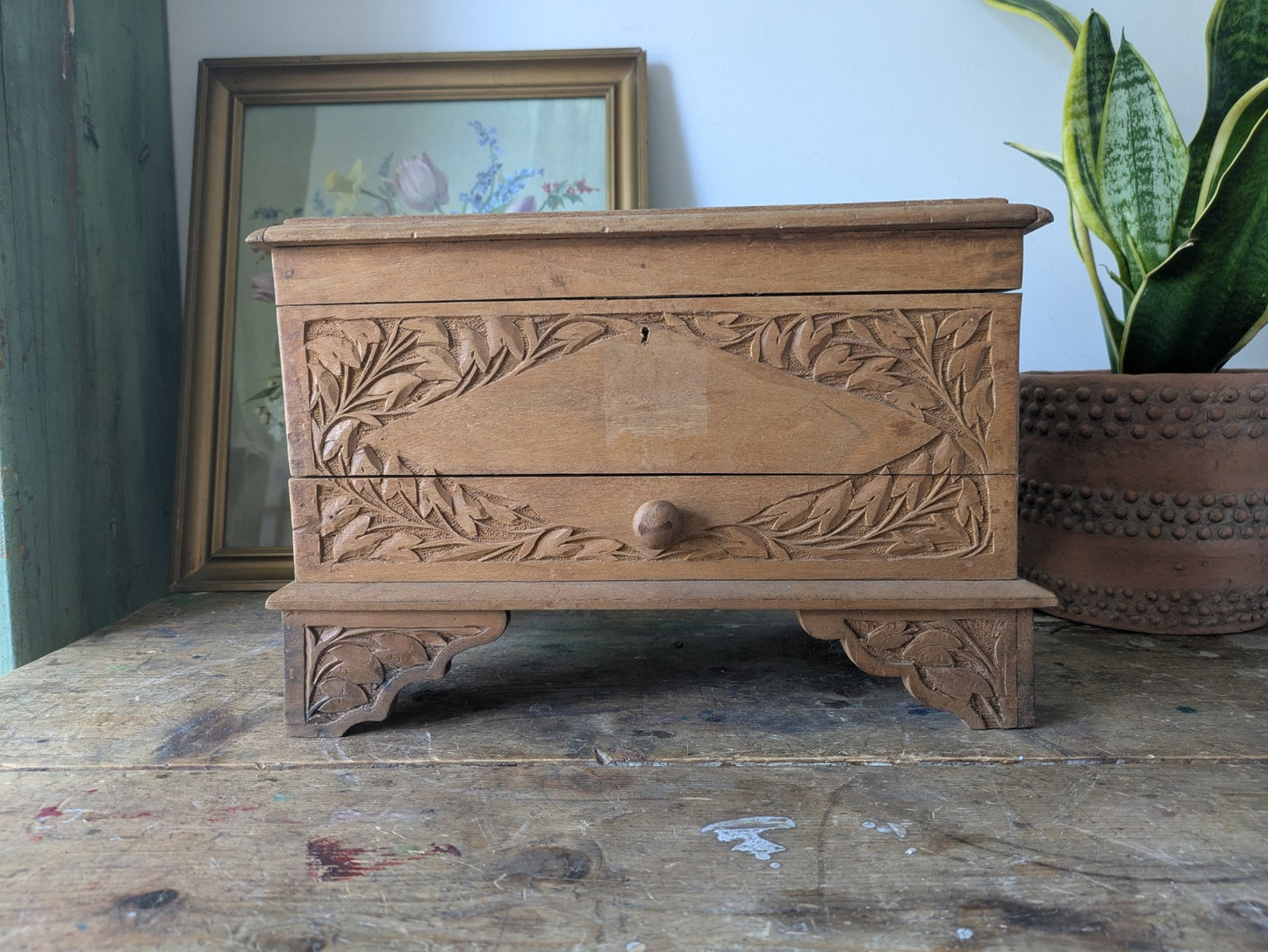 Vintage Hand Carved Indian Wooden Storage Cabinet Chest Trunk Mango Wood Box Sml