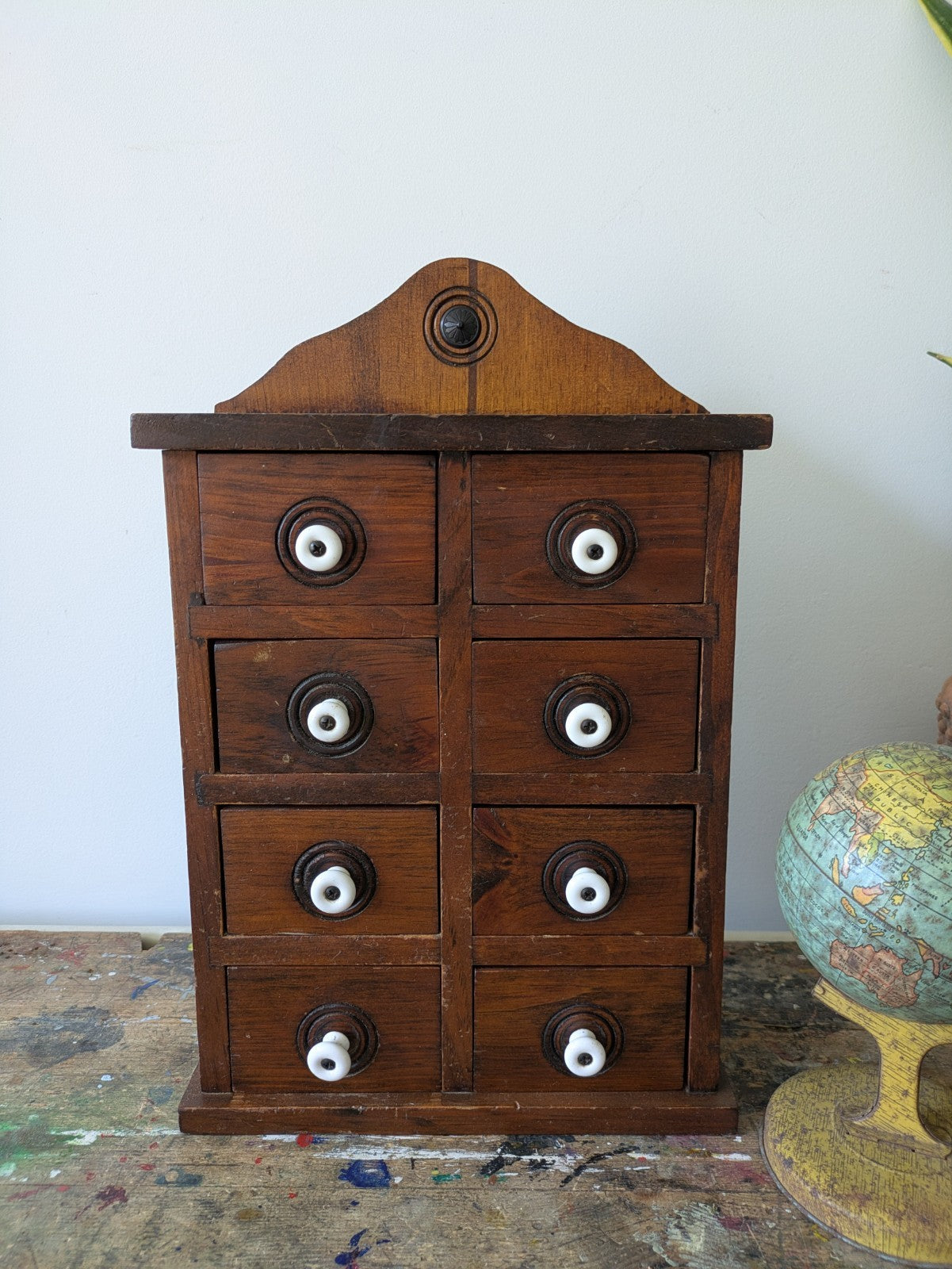 Antique Set of Eight Early 20th Century Wooden Spice Drawers Porcelain Knobs Vtg