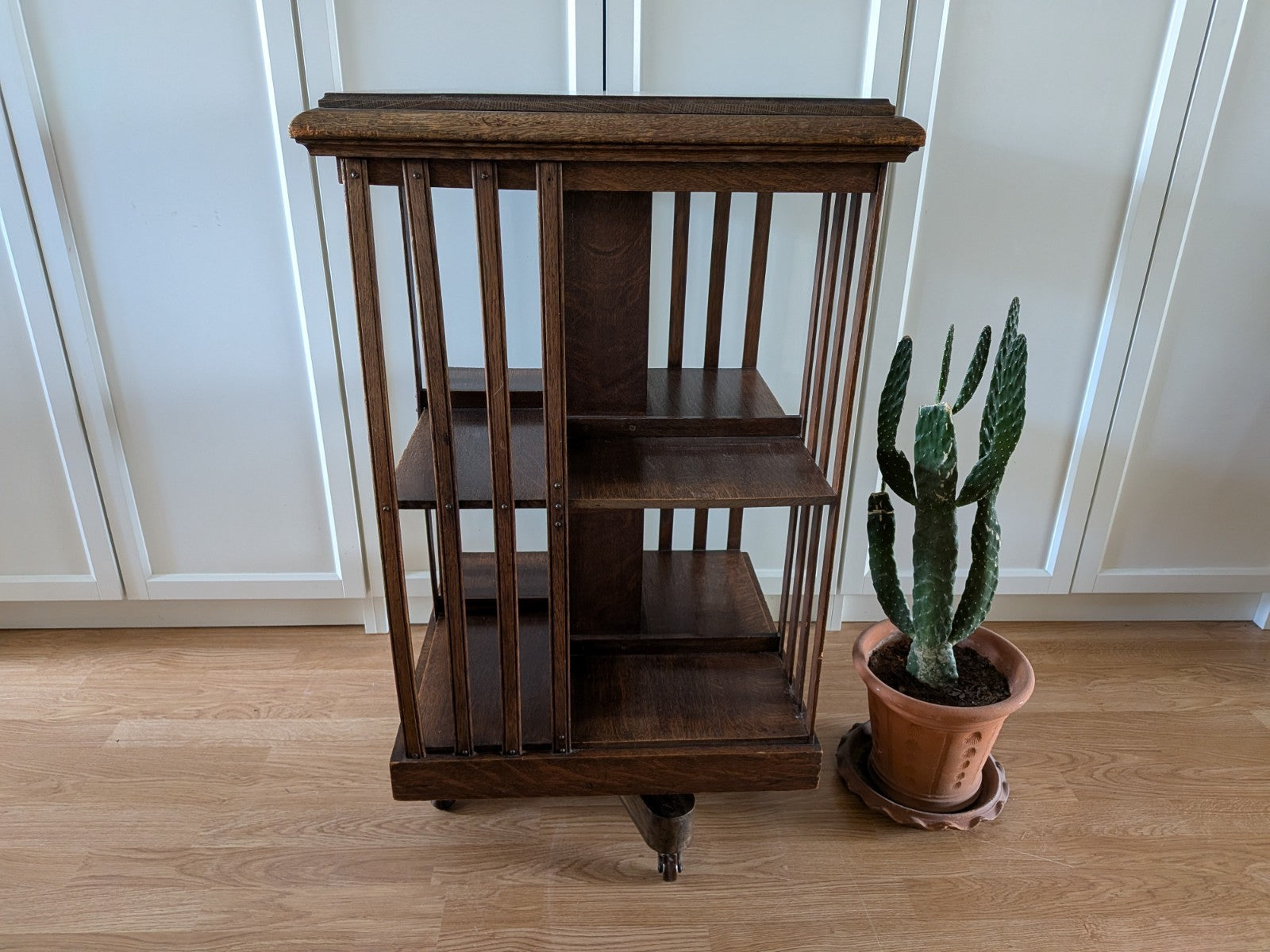 Antique Edwardian English Oak Revolving Bookcase Rare Vintage Shelves Spinning 
