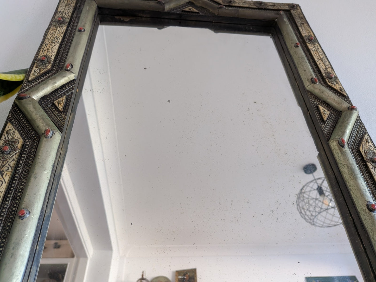 Vintage Ancient Handmade Moroccan Wall Mirror Brass Bone Camel Inlaid Mosaic XL 