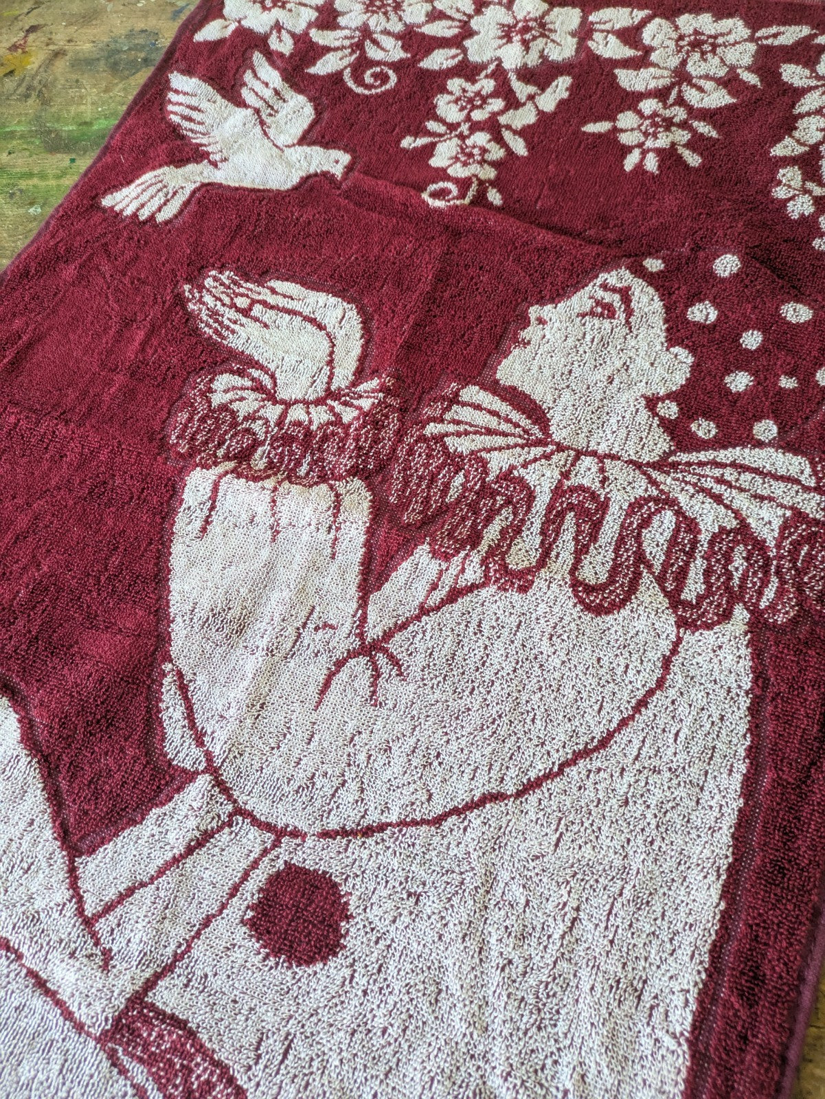 Vintage Pierrot Bath Towel Burgundy And White Retro Clown Towel NWOT Kitsch Prop