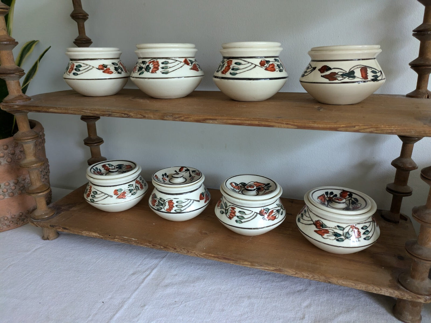 8 x Vintage Boho Ceramic spice Jars with  Lids Patterned Pots Candle Holders Vgc