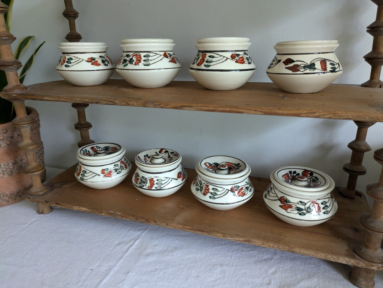 8 x Vintage Boho Ceramic spice Jars with  Lids Patterned Pots Candle Holders Vgc