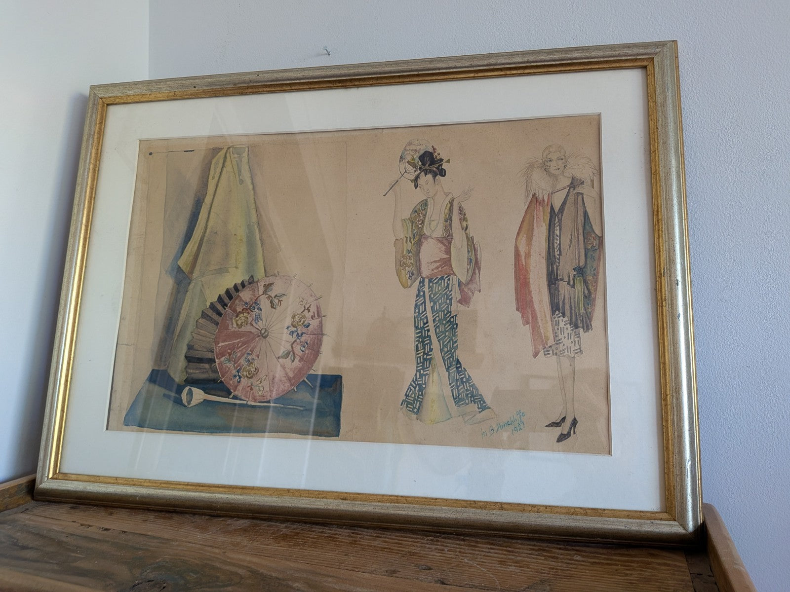 Original Fashion Design Drawing Painting 1920's Signed Hinchliffe Oriental Asian