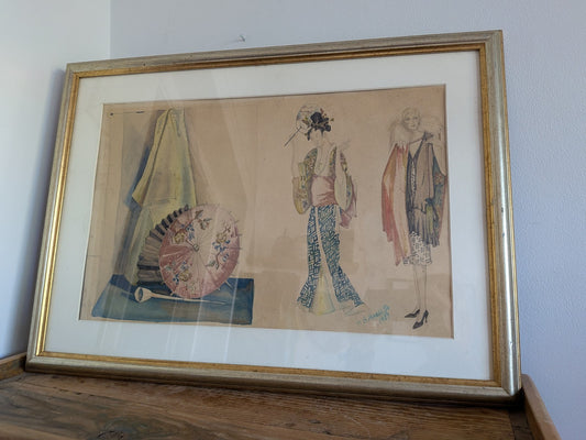 Original Fashion Design Drawing Painting 1920's Signed Hinchliffe Oriental Asian