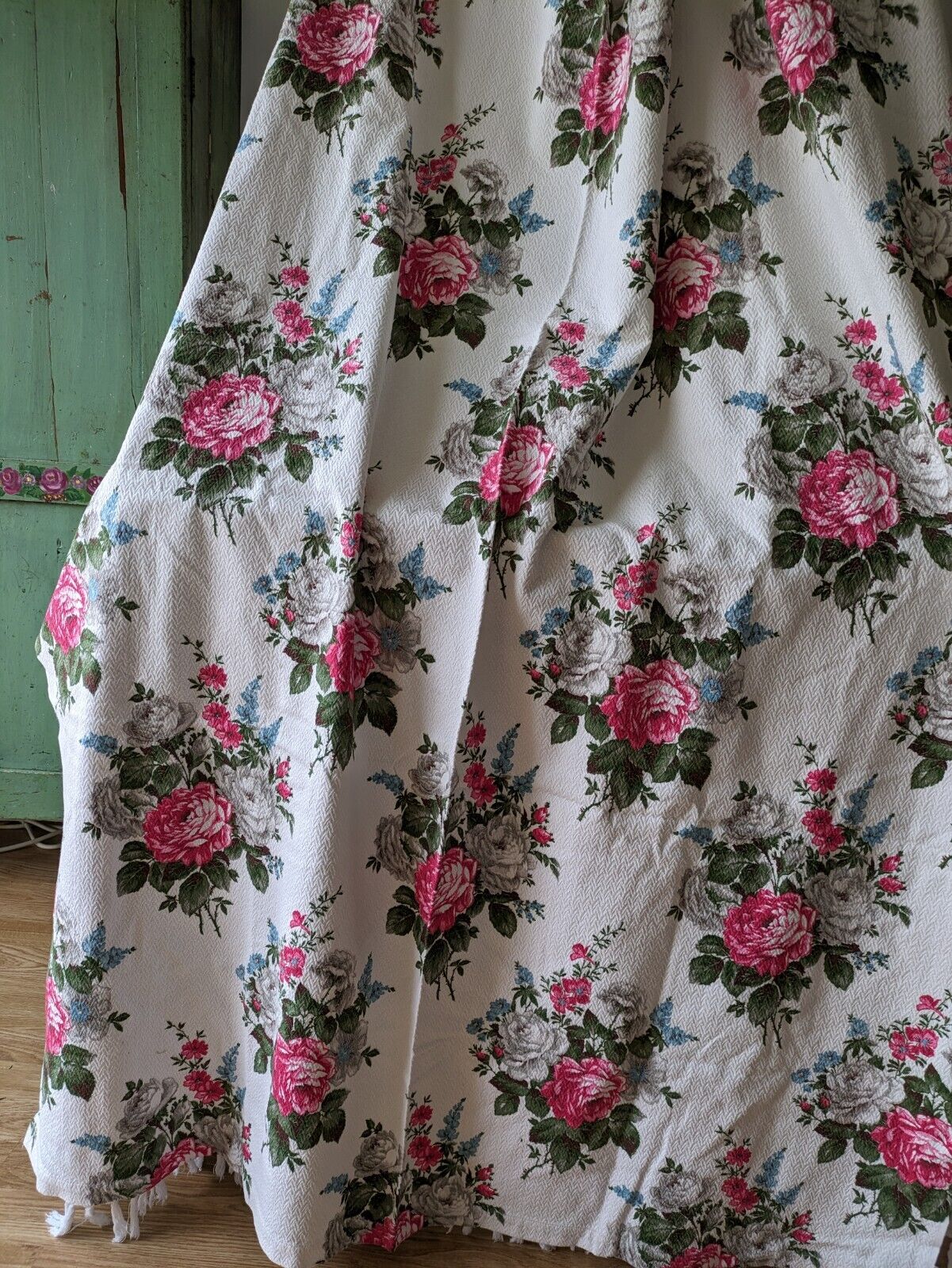 Pair of barkcloth floral Curtains W112 L193cm Pink Rose rare 1950s retro vintage
