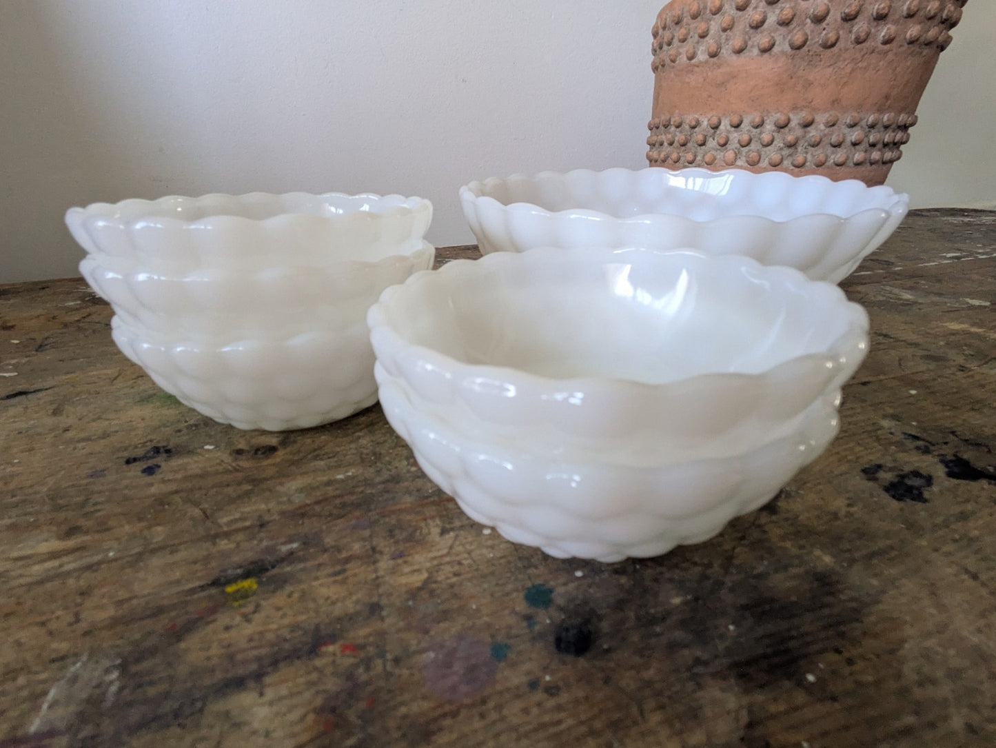Set 6 MILK GLASS Anchor Hocking LG Bubble Serving Bowls Set Large Vintage White