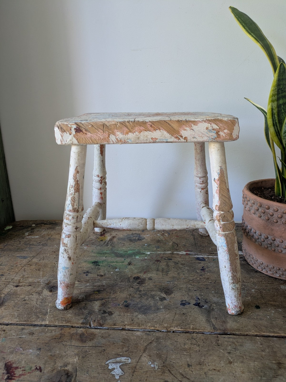 Victorian Antique Foot Stool Chippy Paint original seat chair Vtg Milking Step