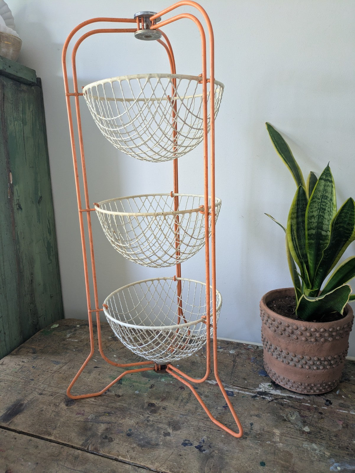 Vintage Mid Century 50 60s Prestige Veg Kitchen Rack Storage Wire Basket Orange