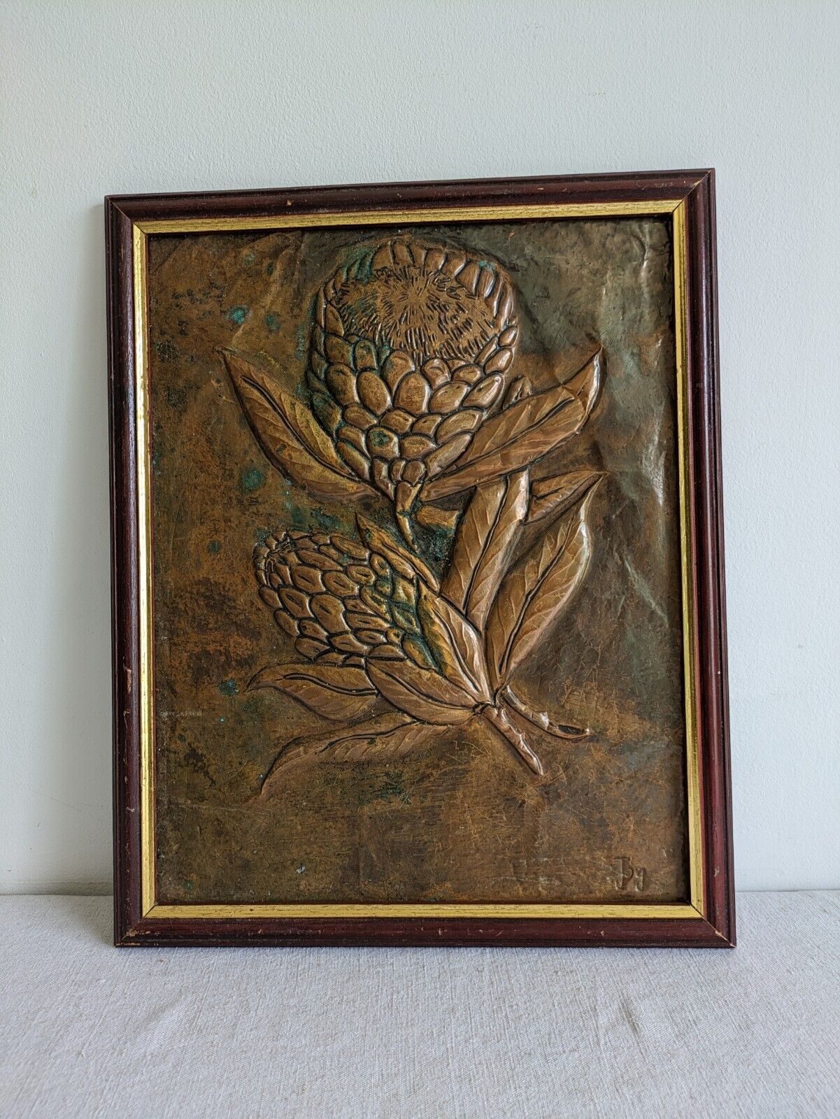 Vintage Copper Plaque Framed Picture Flowers Floral Protia Signed Joy Large Rare
