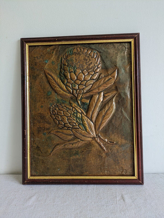 Vintage Copper Plaque Framed Picture Flowers Floral Protia Signed Joy Large Rare