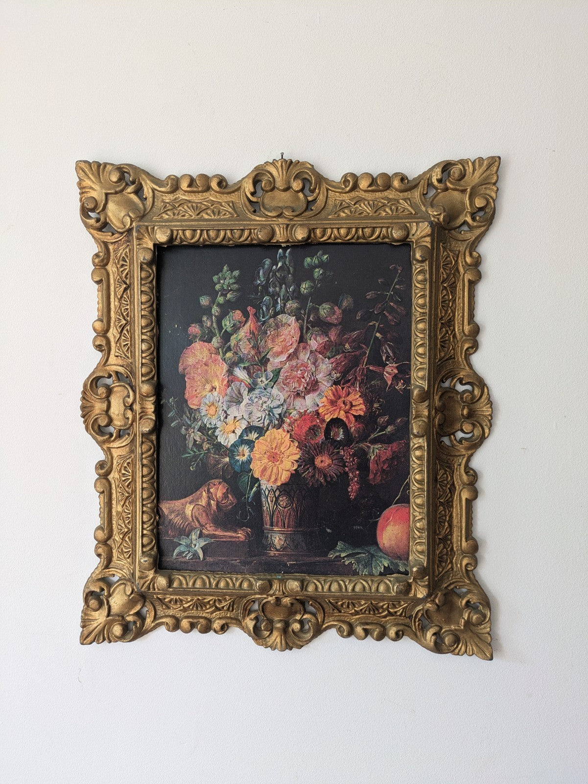 Vtg Gold Gilt Ornate Deep Carved Faux Wood Frame Floral Art Print Italy Grifo