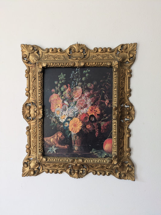 Vtg Gold Gilt Ornate Deep Carved Faux Wood Frame Floral Art Print Italy Grifo