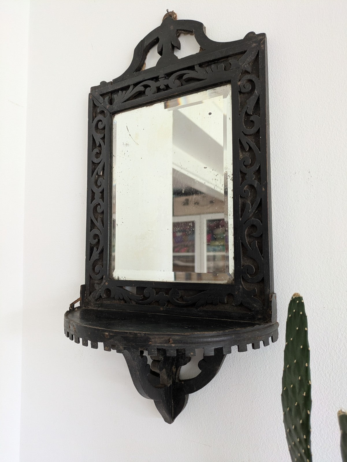 Antique 19th Cent Victorian Ebonised Wood Wall Sconce Mirror Glass Candle Shelf